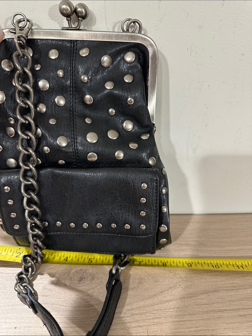 Studded Black Leather Shoulder Bag with Chain Strap